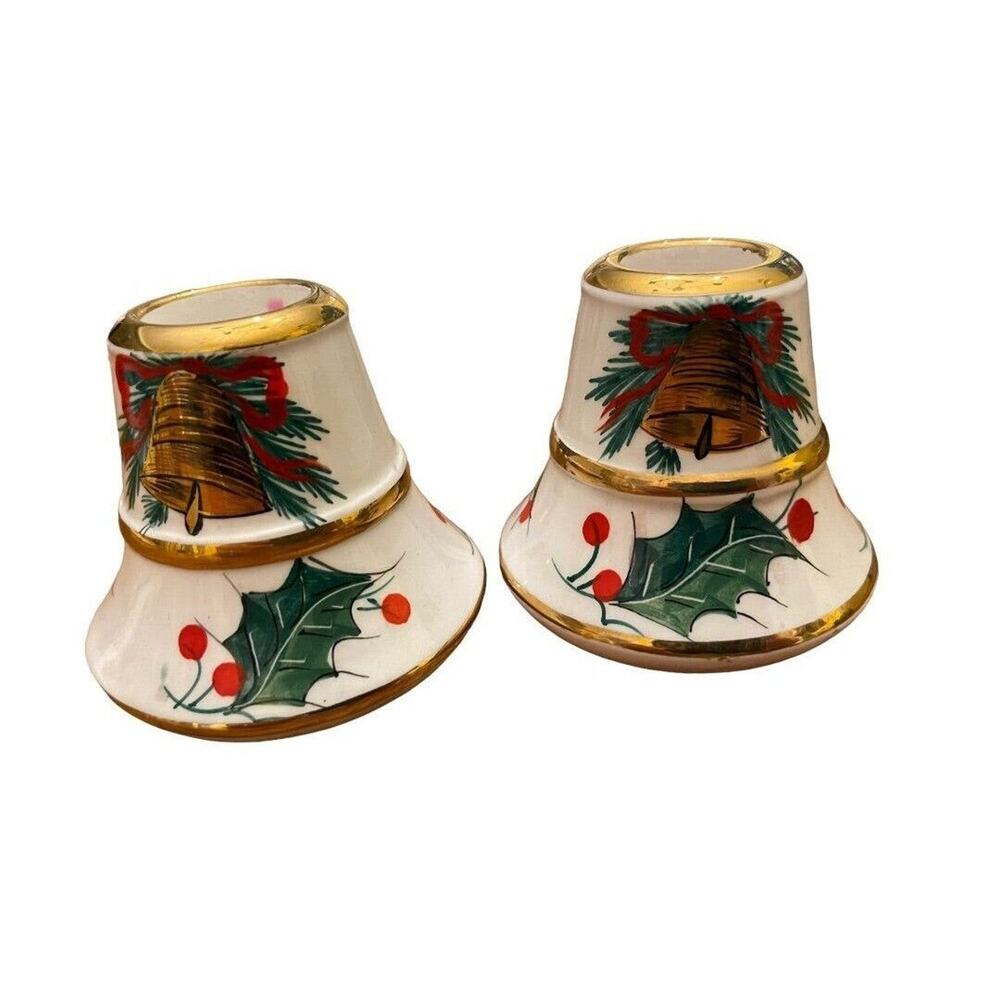 Vintage Pair Italian Hand‎ Painted Christmas Holly Taper Candle Holders